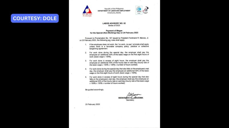 DOLE nagpalabas ng pay rules para sa mga empleyadong pumasok sa trabaho ngayong araw (Feb. 24)