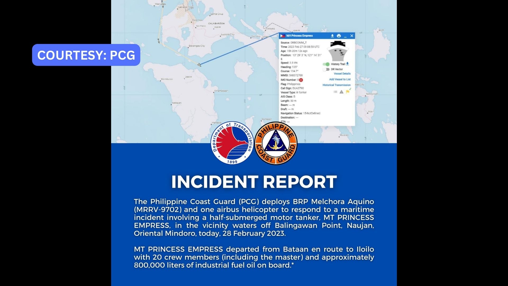 Barko na may lulang 800,000 litro ng industrial fuel oil lumubog sa Naujan, Oriental Mindoro