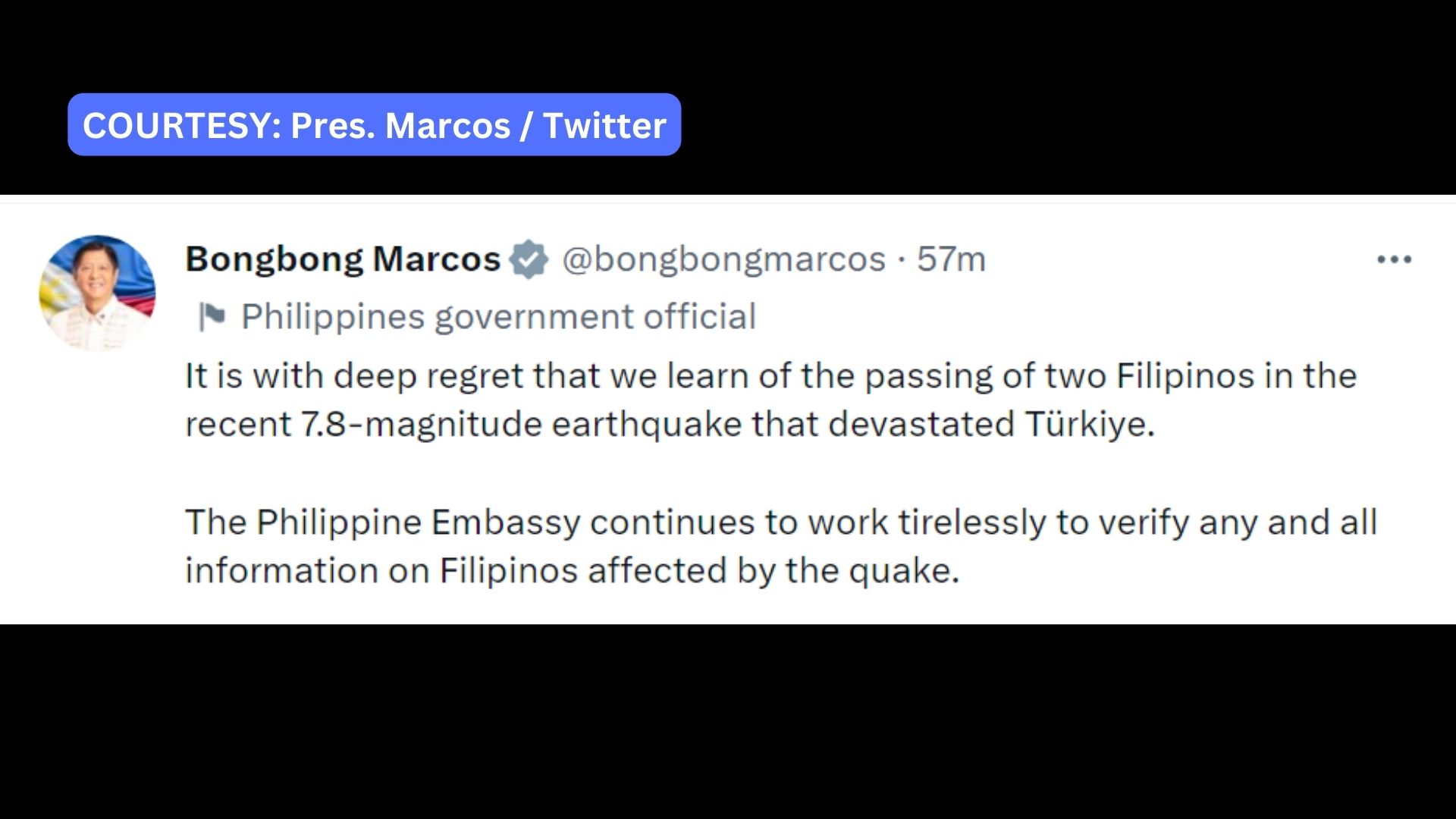 Pangulong Marcos ikinalungkot ang pagkasawi ng dalawang Pinoy sa lindol sa Turkey