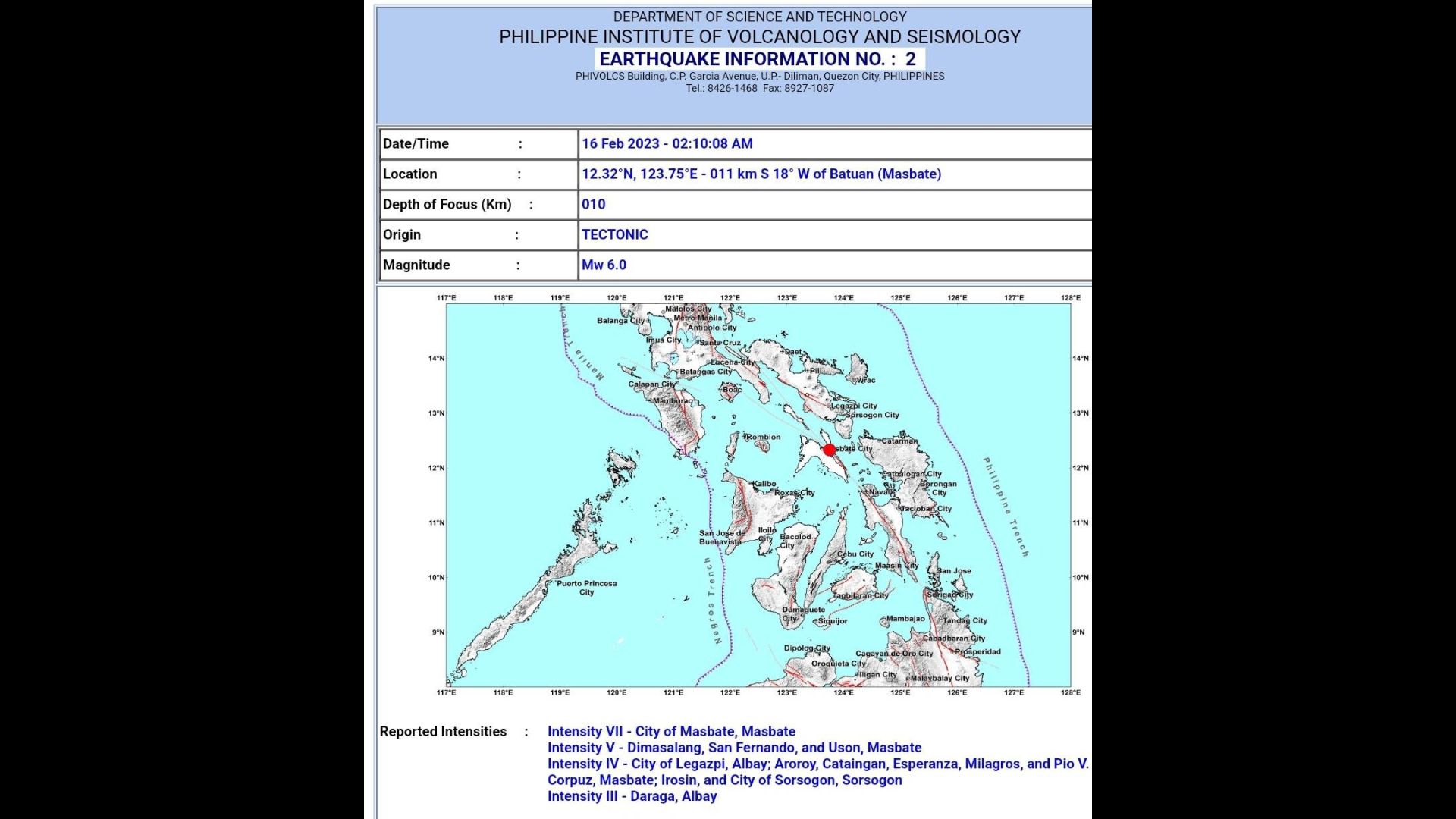 Magnitude 6.0 na lindol tumama sa Masbate