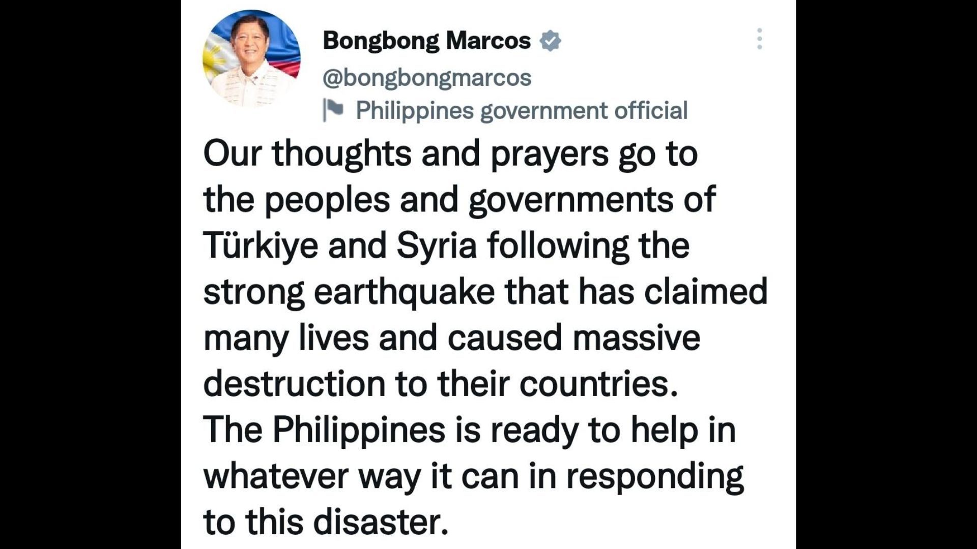 Pangulong Marcos nagpaabot ng pakikiramay matapos ang pagtama ng malakas na lindol sa Turkey at Syria