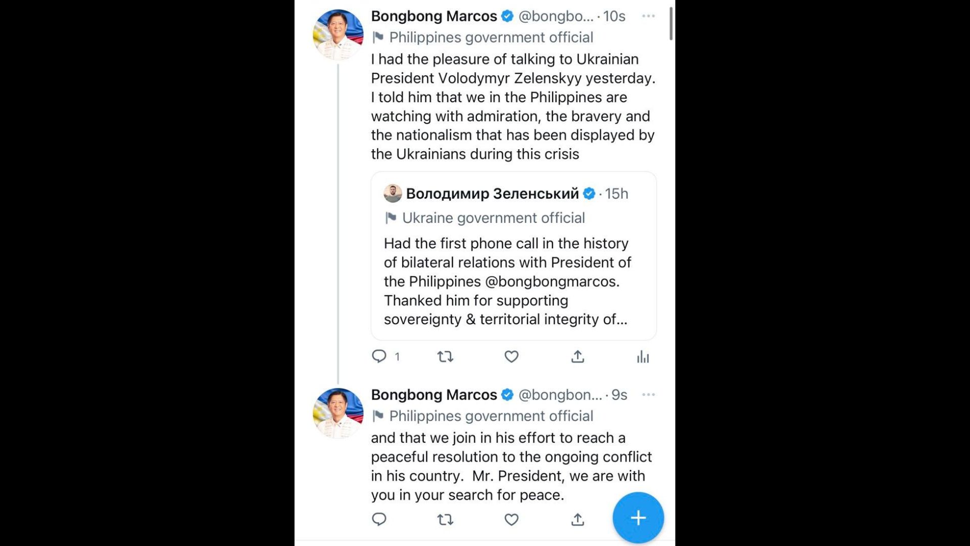 Pangulong Marcos at Ukrainian President Volodymyr Zelenskyy nagkausap sa telepono