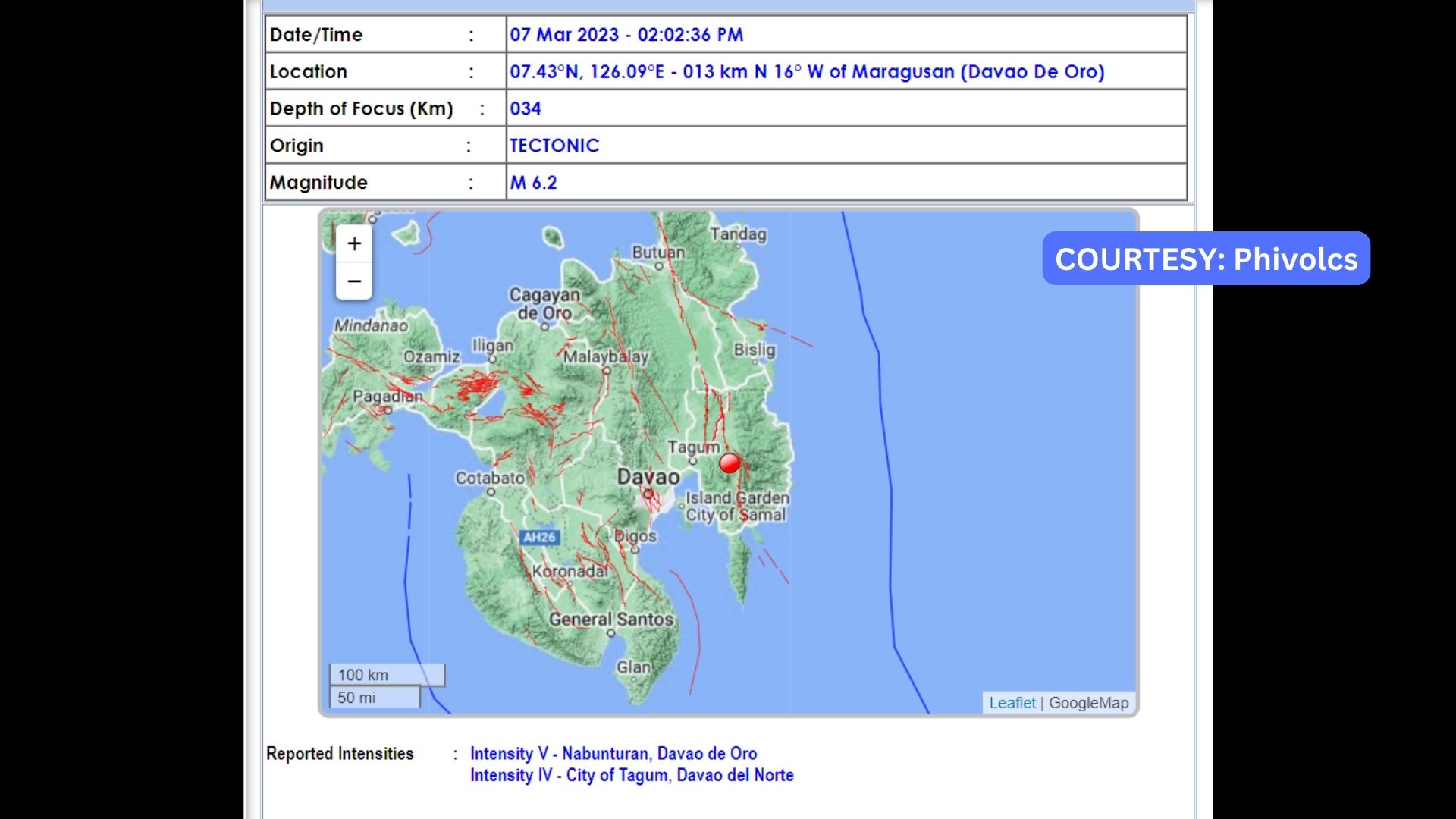 Davao de Oro niyanig ng magnitude 6.2 na lindol