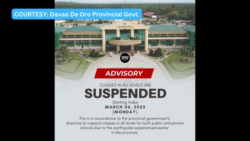 Klase sa mga paaralan sa Davao De Oro suspendido matapos ang magntiude 5.3 na lindol