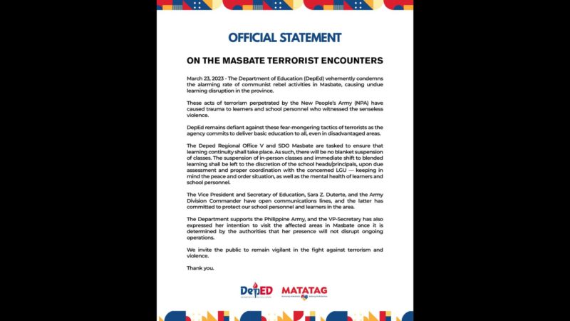 Pag-atake ng NPA malapit sa paaralan sa Masbate kinondena ng DepEd