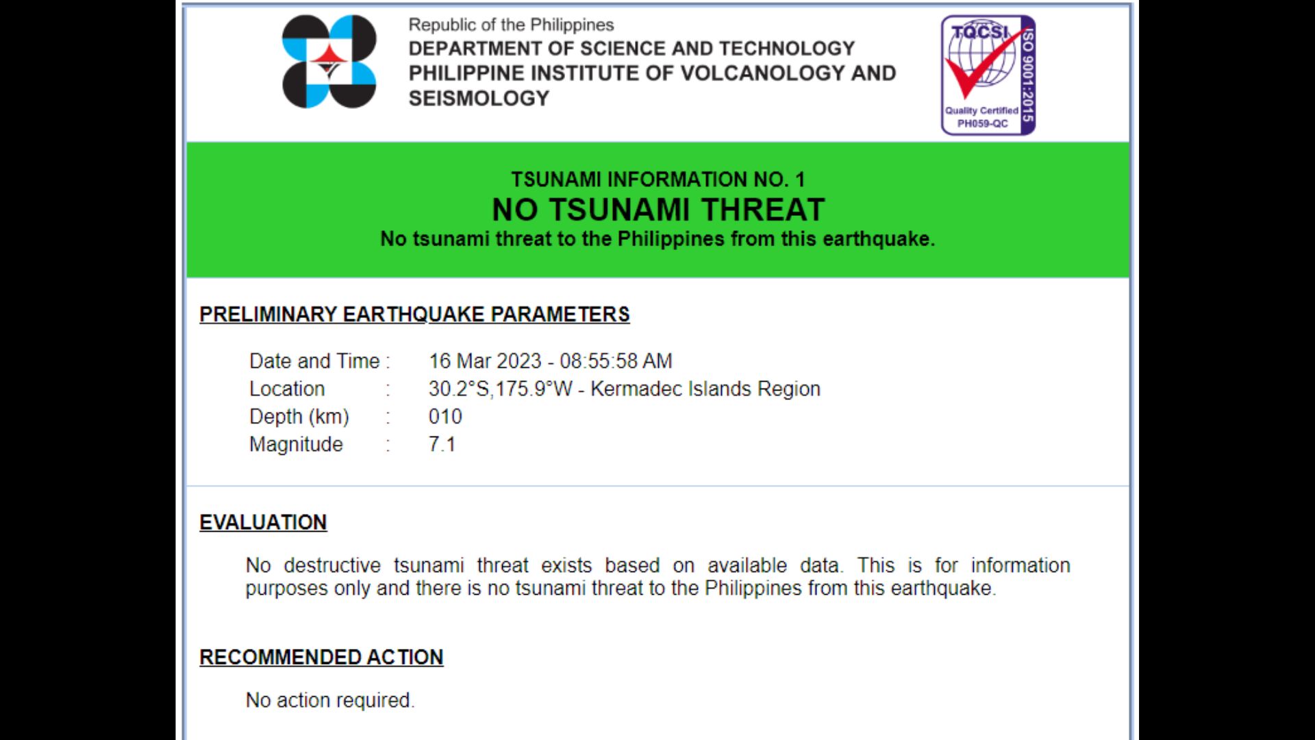 Pangamba ng tsunami pinawi ng Phivolcs matapos ang magnitude 7.1 na lindol sa Kermedec Islands, New Zealand