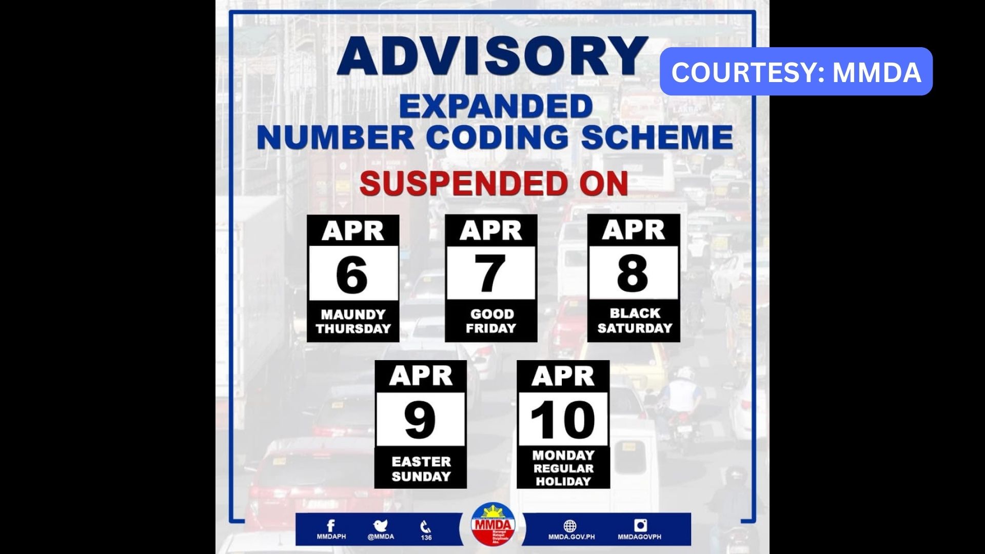 Number Coding suspendido mula Apr. 6 hanggang Apr. 10