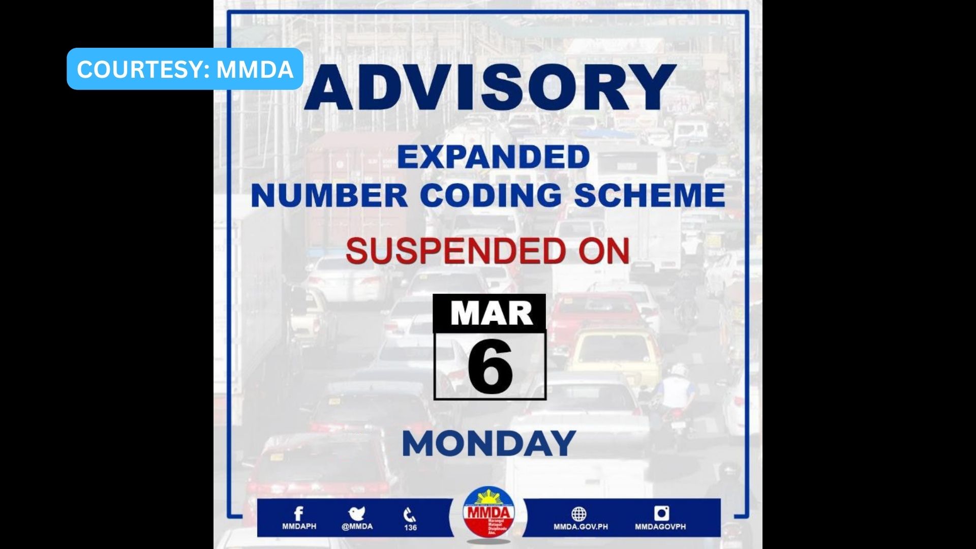 Pag-iral ng number coding bukas (Mar. 6) sinuspinde ng MMDA