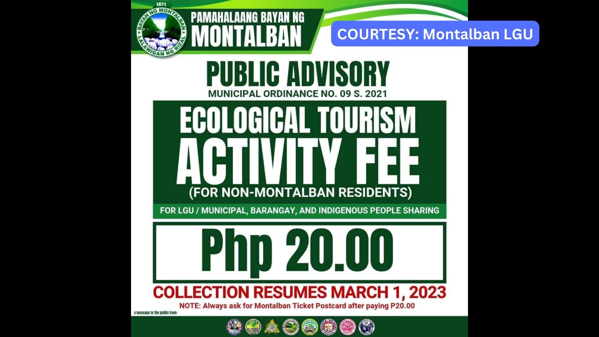 Paniningil ng P20 na Eco Tourism Fee sa Montalban, ipatutupad na muli simula ngayong araw (Mar. 1)