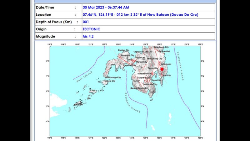 Davao de Oro niyanig ng magnitude 4.2 na lindol