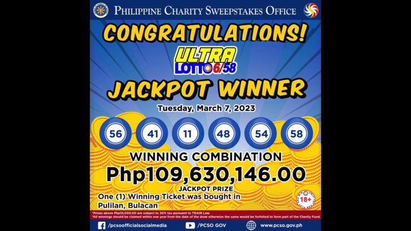 Bettor mula Bulacan wagi ng mahigit P109M na jackpot sa lotto