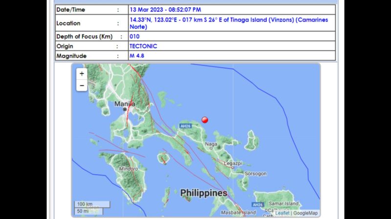 Camarines Norte niyanig ng magnitude 4.8 na lindol