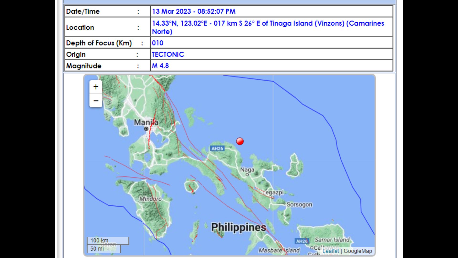 Camarines Norte niyanig ng magnitude 4.8 na lindol