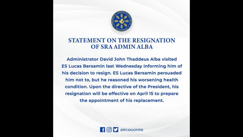 SRA administrator Alba magbibitiw na sa puwesto