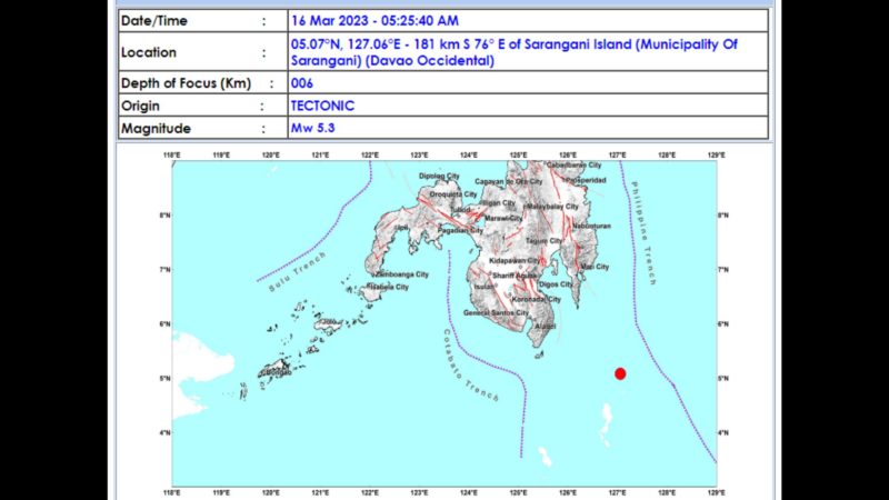Magnitude 5.3 na lindol naitala sa Sarangani, Davao Occidental