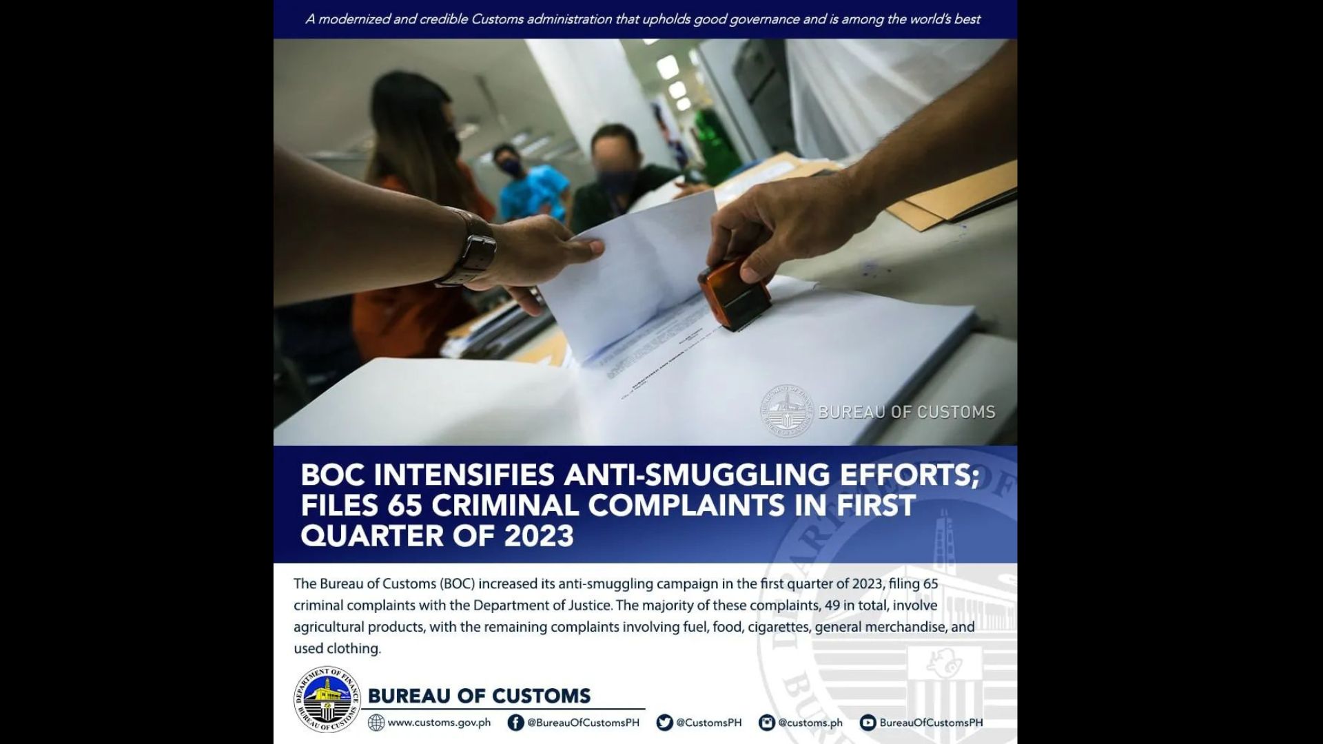 Kampanya laban sa smuggling mas pinalakas pa ng BOC; 65 reklamo vs smugglers naihain sa unang quarter ng taon