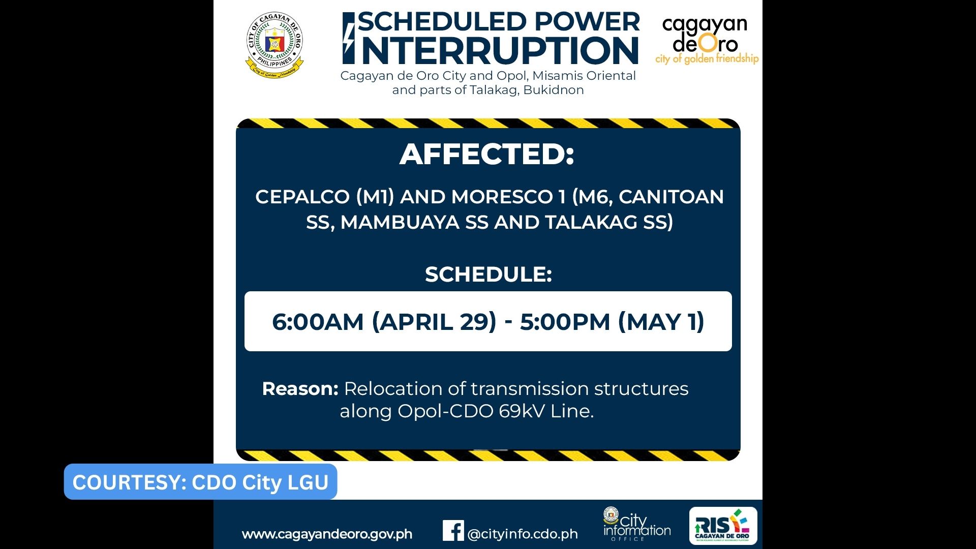 Power service interruption ipatutupad sa ilang lugar sa CDO City, Misamis Oriental at Bukidnon