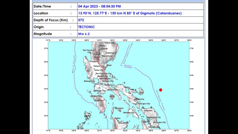 Magnitude ng lindol sa Catanduanes ibinaba ng Phivolcs sa 6.2