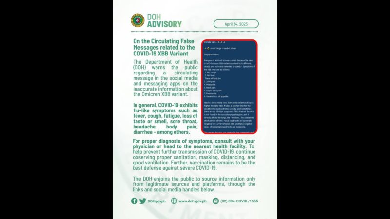 DOH nagbabala sa publiko sa kumakalat na impormasyon sa social media hinggil sa XBB variant ng COVID-19