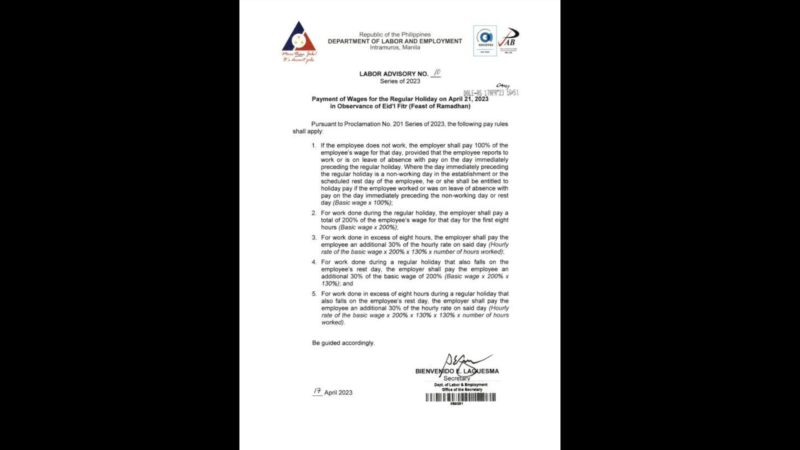 DOLE naglabas ng pay rules para sa mga papasok sa trabaho sa April 21