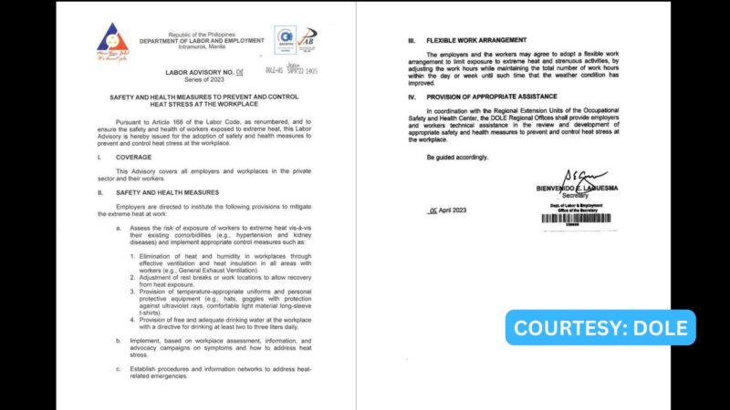 DOLE nagpalabas ng guidelines sa mga employer para makontrol ang heat stress sa workplaces