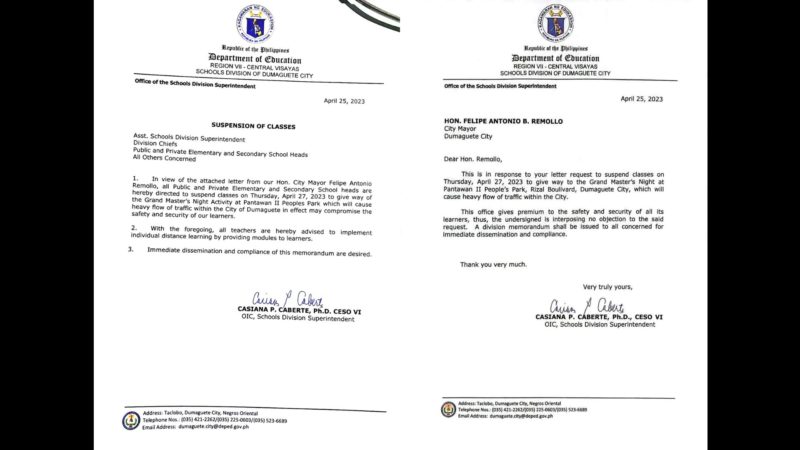 Klase sa elementarya at high school sa Dumaguete City suspendido sa Apr. 27