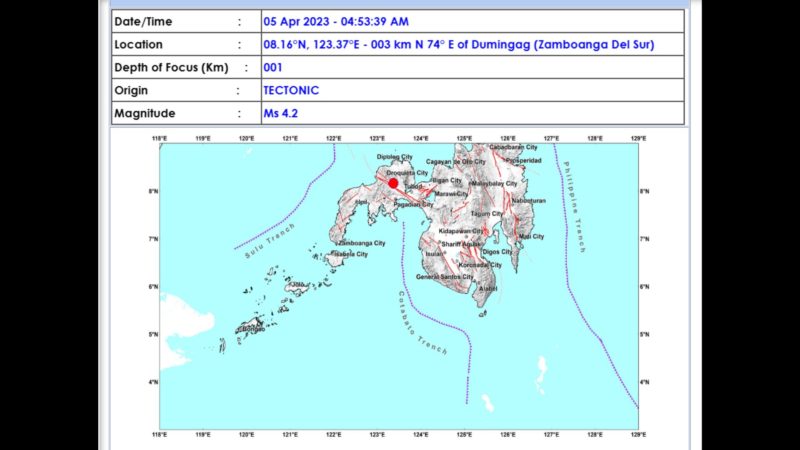 Dumingag, Zamboanga del Sur niyanig ng magnitude 4.2 na lindol