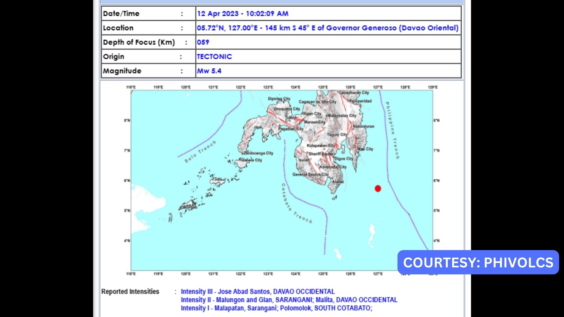 Davao Oriental niyanig ng magnitude 5.4 na lindol