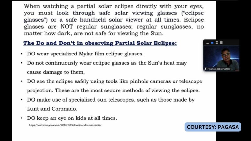 PAGASA pinayuhan ang publiko na iwasang direktang tumingin sa magaganap na partial solar eclipse