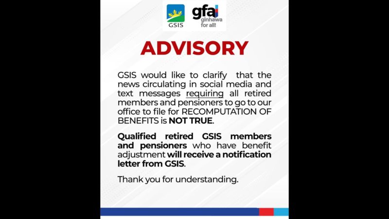 GSIS itinangging obligadong magtungo sa kanilang tanggapan ang mga retired members at pensioners para sa recomputation ng benefits