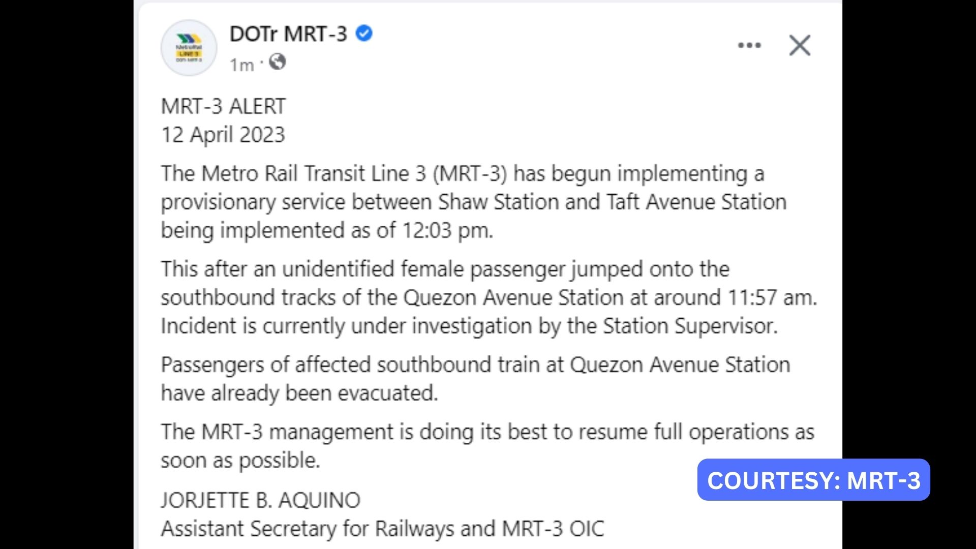 Babaeng pasahero tumalon sa riles ng MRT-3 sa Quezon Ave. Station