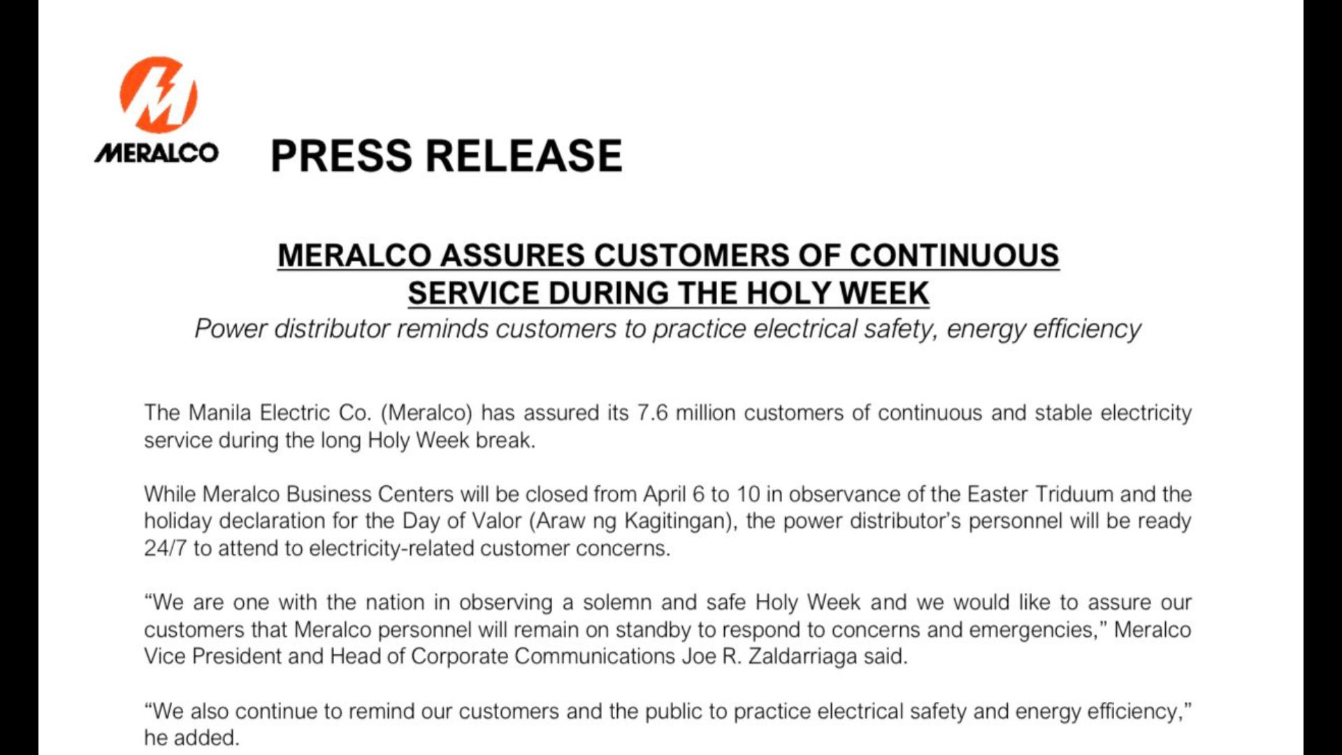 Tuloy-tuloy na suplay ng kuryente ngayong Holy Week tiniyak ng Meralco