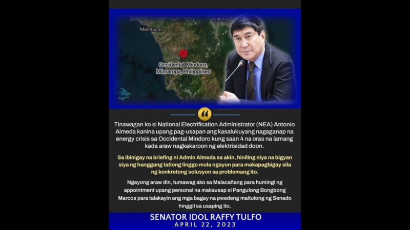 Senado tutulong sa problema sa suplay ng kuryente sa Occidental Mindoro