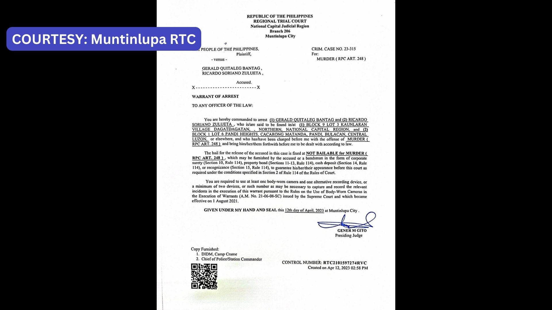 Muntinlupa RTC naglabas ng warrant of arrest laban kay dating BuCor chief Gerald Bantag at isa pa