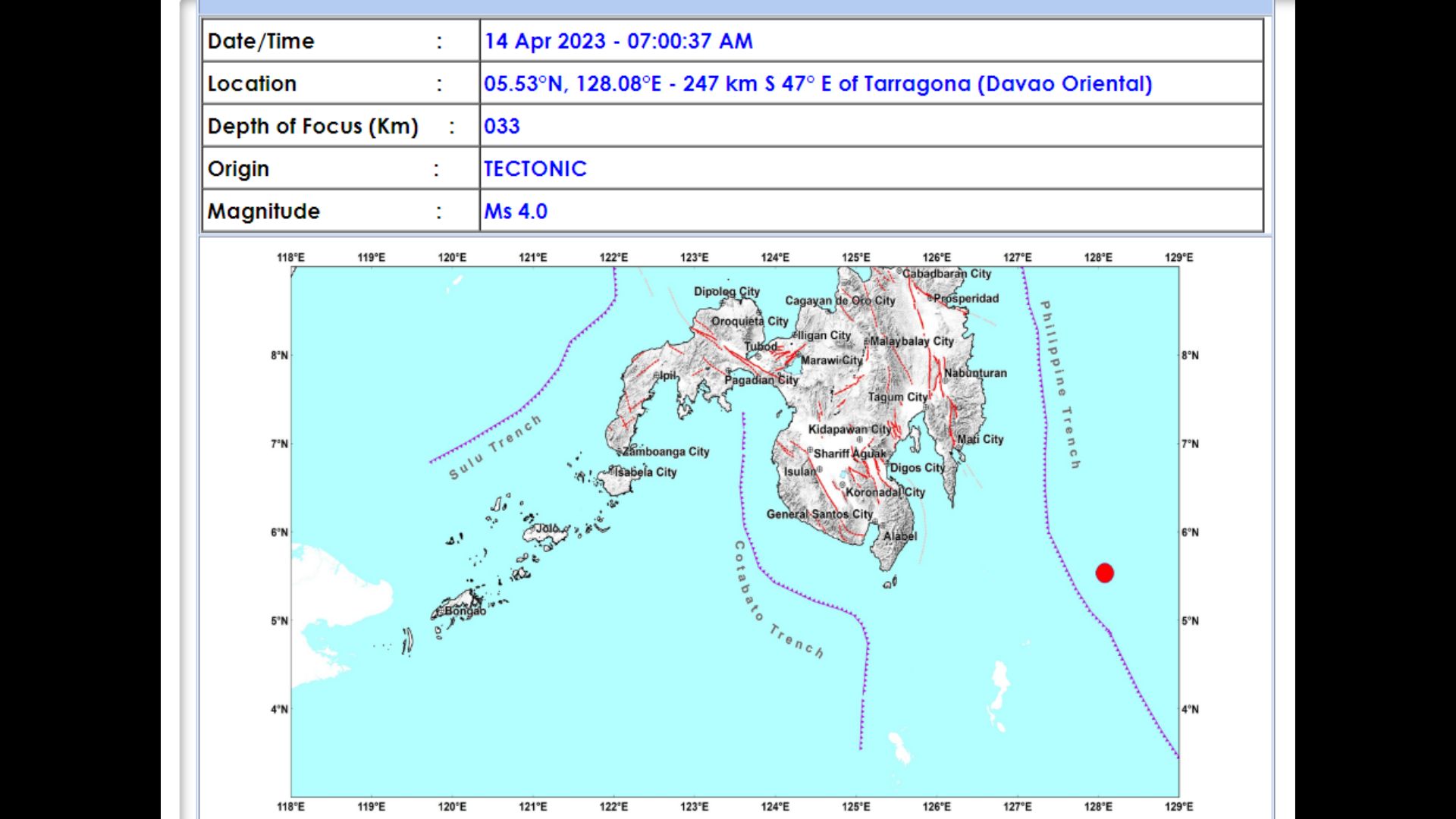 Tarragona, Davao Oriental niyanig ng magnitude 4 na lindol