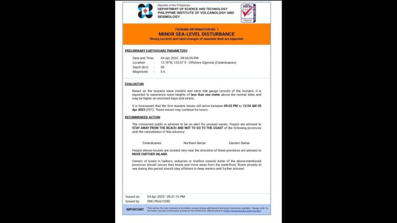 Phivolcs nagbabala ng tsunami matapos ang malakas na lindol sa Catanduanes
