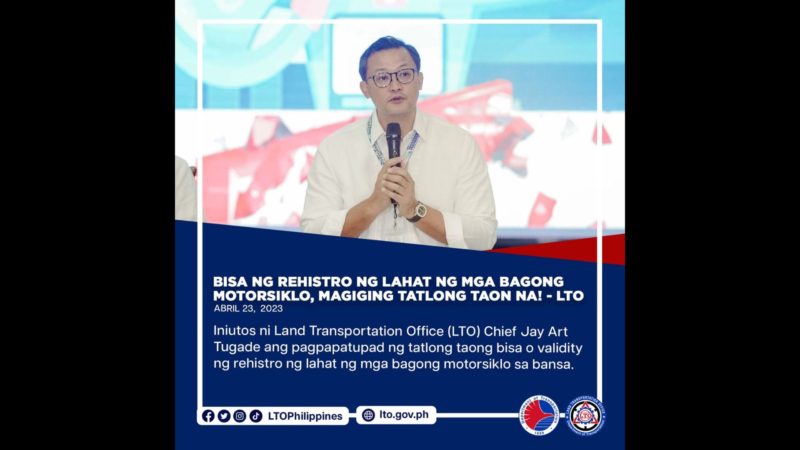 Bisa ng rehistro ng lahat ng bagong motorsiklo, magiging tatlong taon na ayon sa LTO