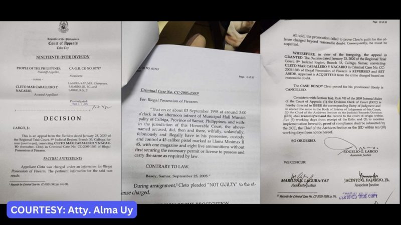 Hatol ng korte sa Calbiga, Samar sa lalaking inasunto ng illegal possession of firearms binaligtad ng CA