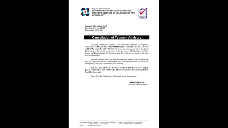 Tsunami advisory sa mga baybayin ng Catanduanes, Northern Samar at Eastern Samar binawi na ng Phivolcs