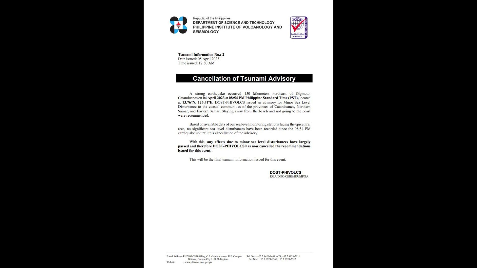 Tsunami advisory sa mga baybayin ng Catanduanes, Northern Samar at Eastern Samar binawi na ng Phivolcs