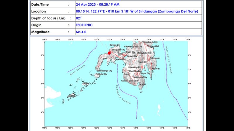Sindangan, Zamboanga del Norte niyanig ng magnitude 4.0 na lindol