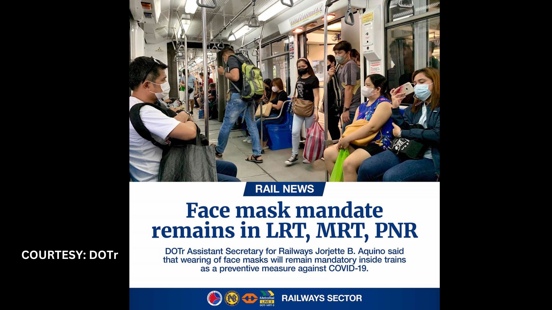 Pagsusuot ng face mask sa loob ng mga tren mandatory pa din ayon sa DOTr