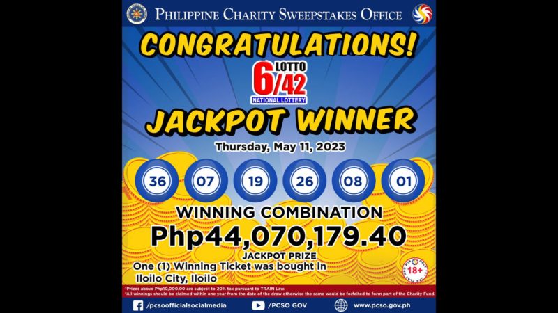 Bettor mula Iloilo City wagi ng mahigit P44M na jackpot sa lotto