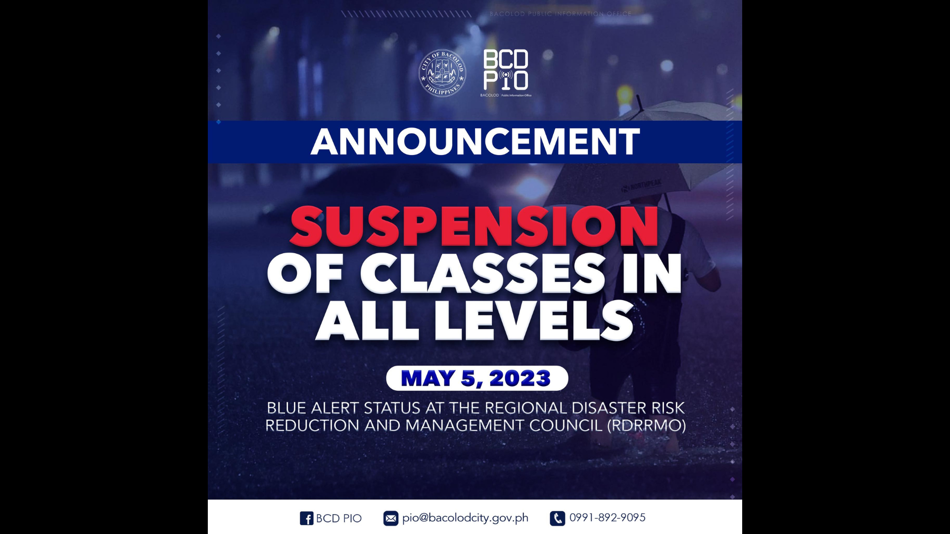 Klase sa Bacolod City suspendido ngayong araw (May 5)