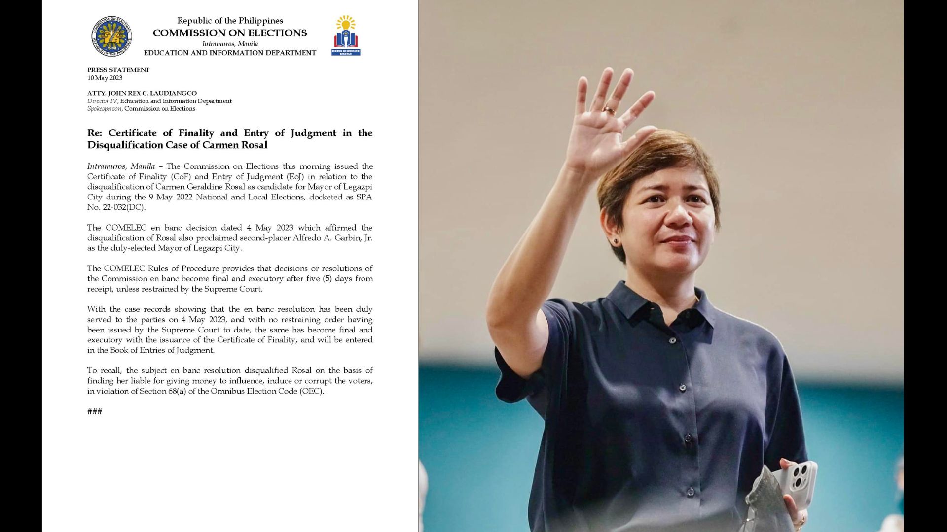 Comelec nagpalabas ng certificate of finality sa disqualification kay Legazpi City Mayor Geraldine Rosal
