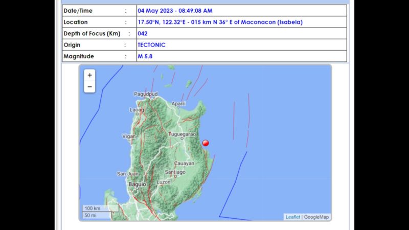 Maconacon, Isabela niyanig ng magnitude 5.8 na lindol