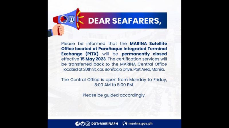 Satellite Office ng MARINA sa PITX isasara na simula sa May 15