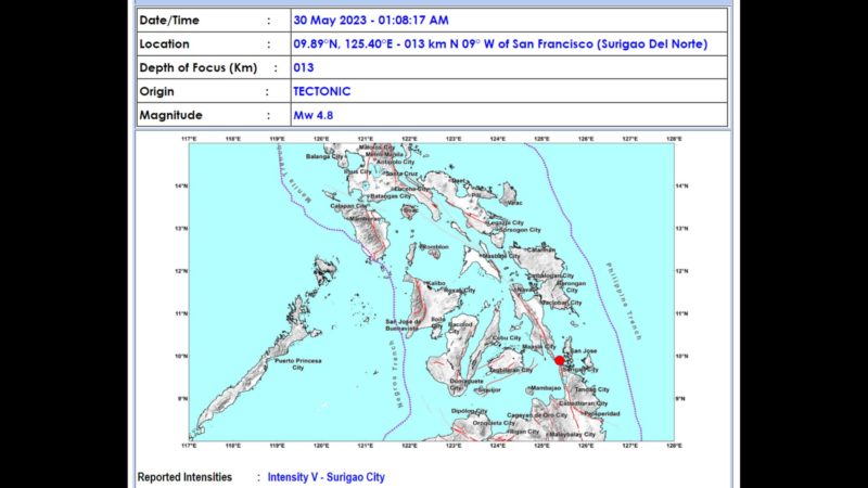 Magnitude 4.8 na lindol naitala sa Surigao del Norte