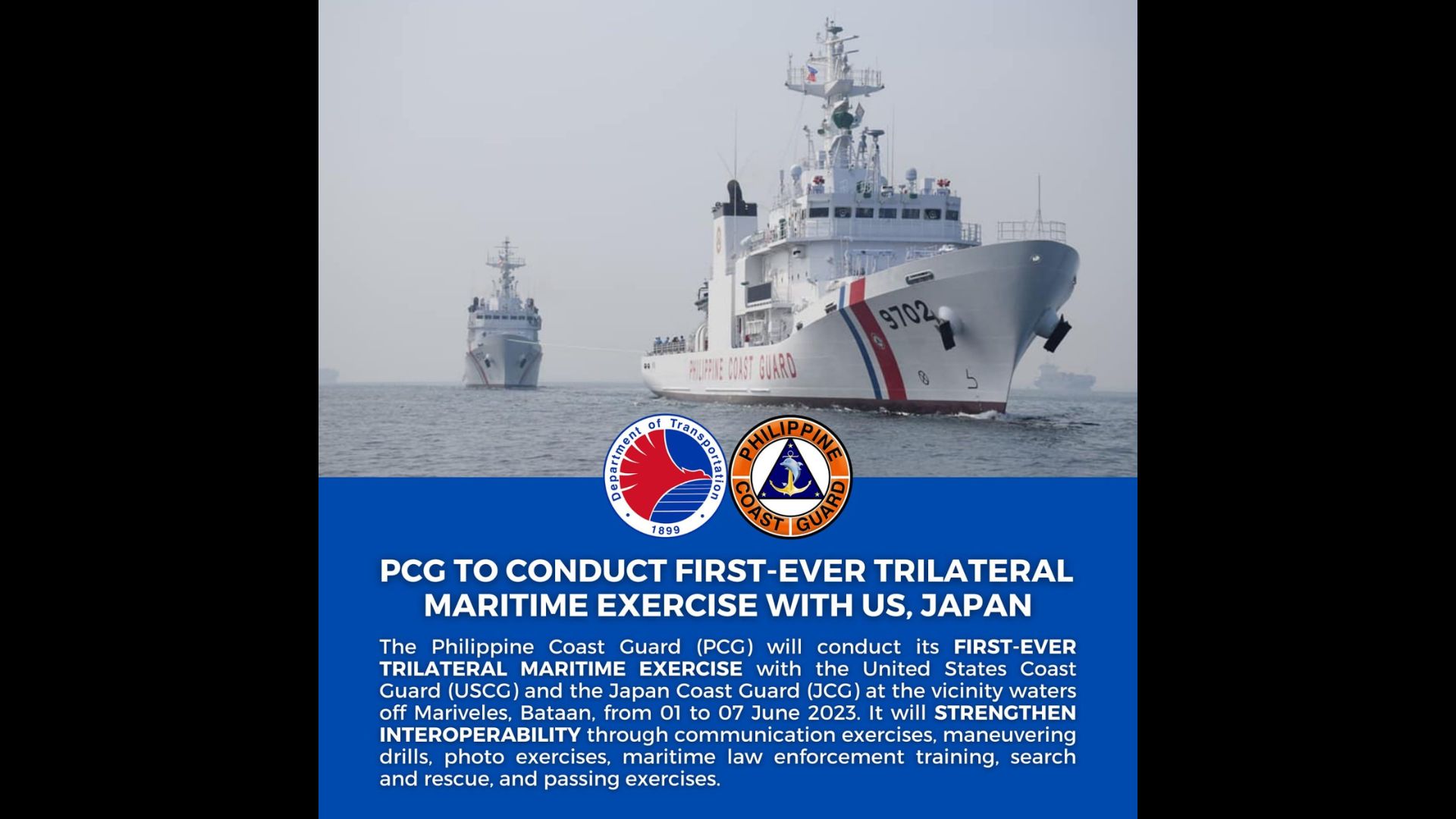 Kauna-unahang Trilateral Maritime Exercise isasagawa ng PCG kasama ang US at Japan