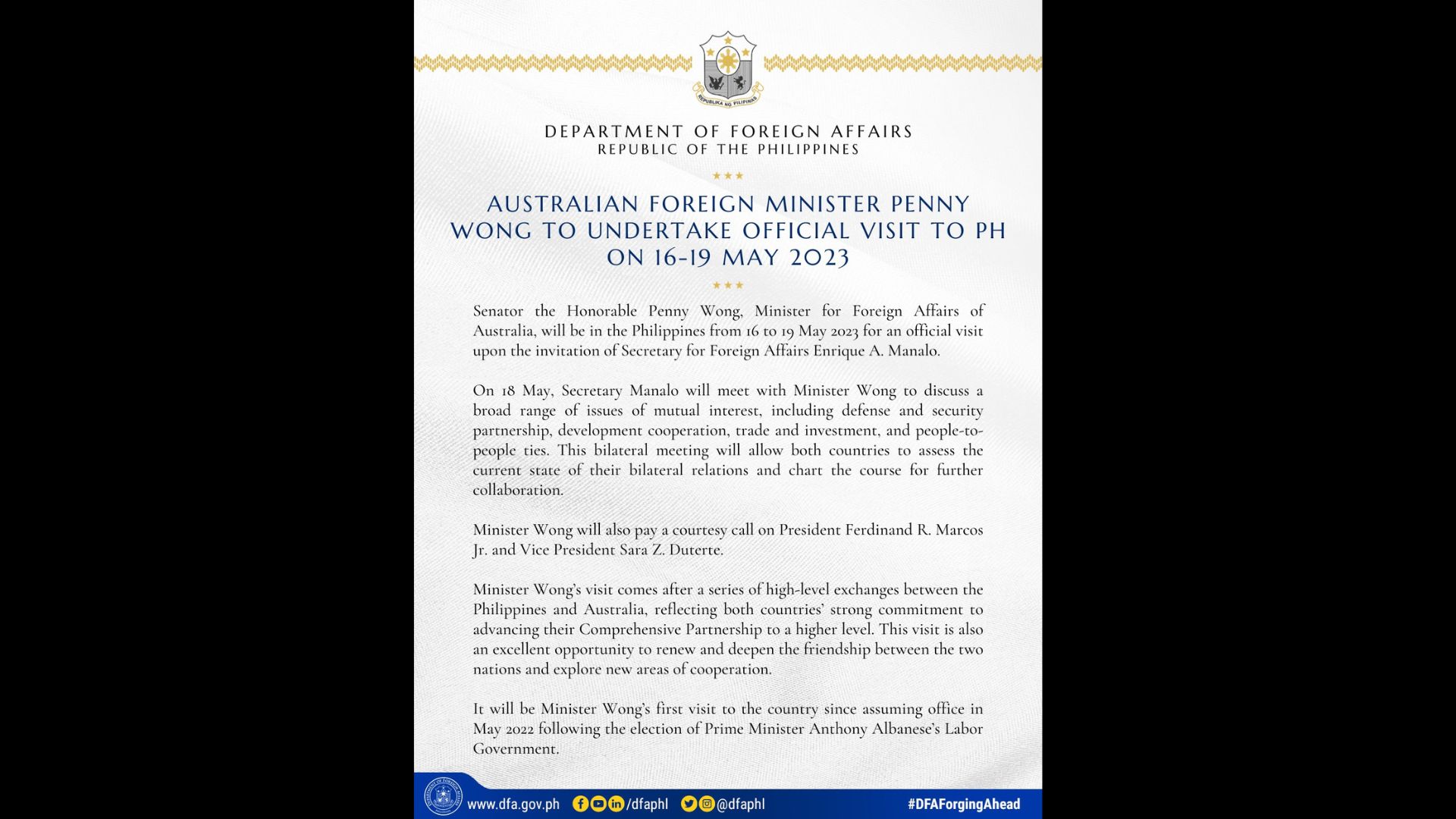 Australian Foreign Minister Penny Wong bibisita sa bansa